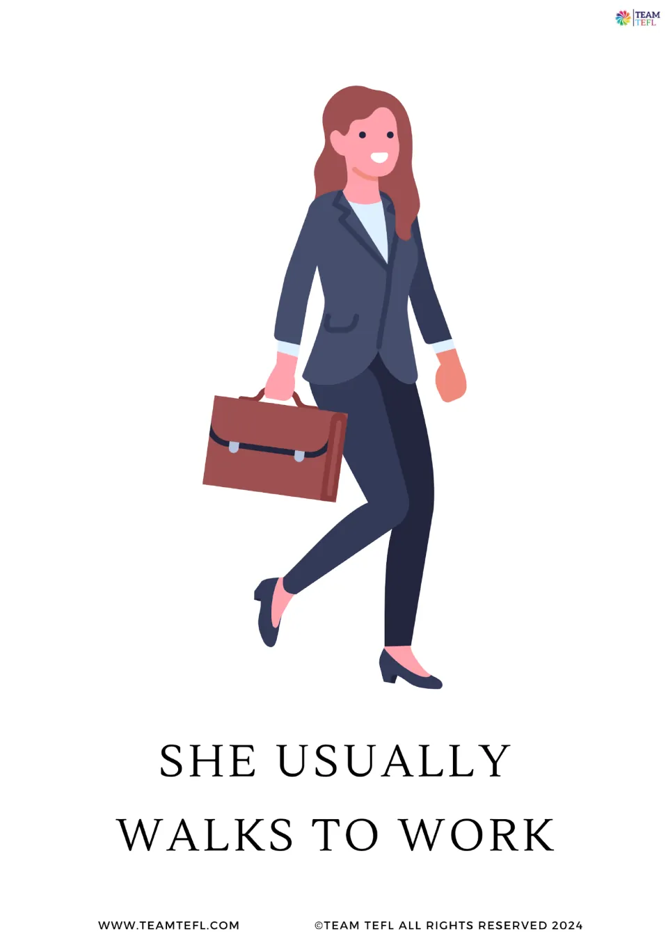 Enlarged frequency flashcard 2 shows a woman carrying a briefcase and reads 'She usually walks to work.'