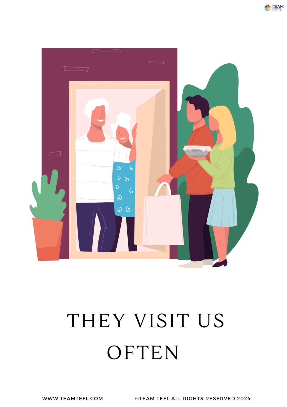 Enlarged frequency flashcard 3 shows visitors arriving at a doorway and the sentence 'They visit us often.'
