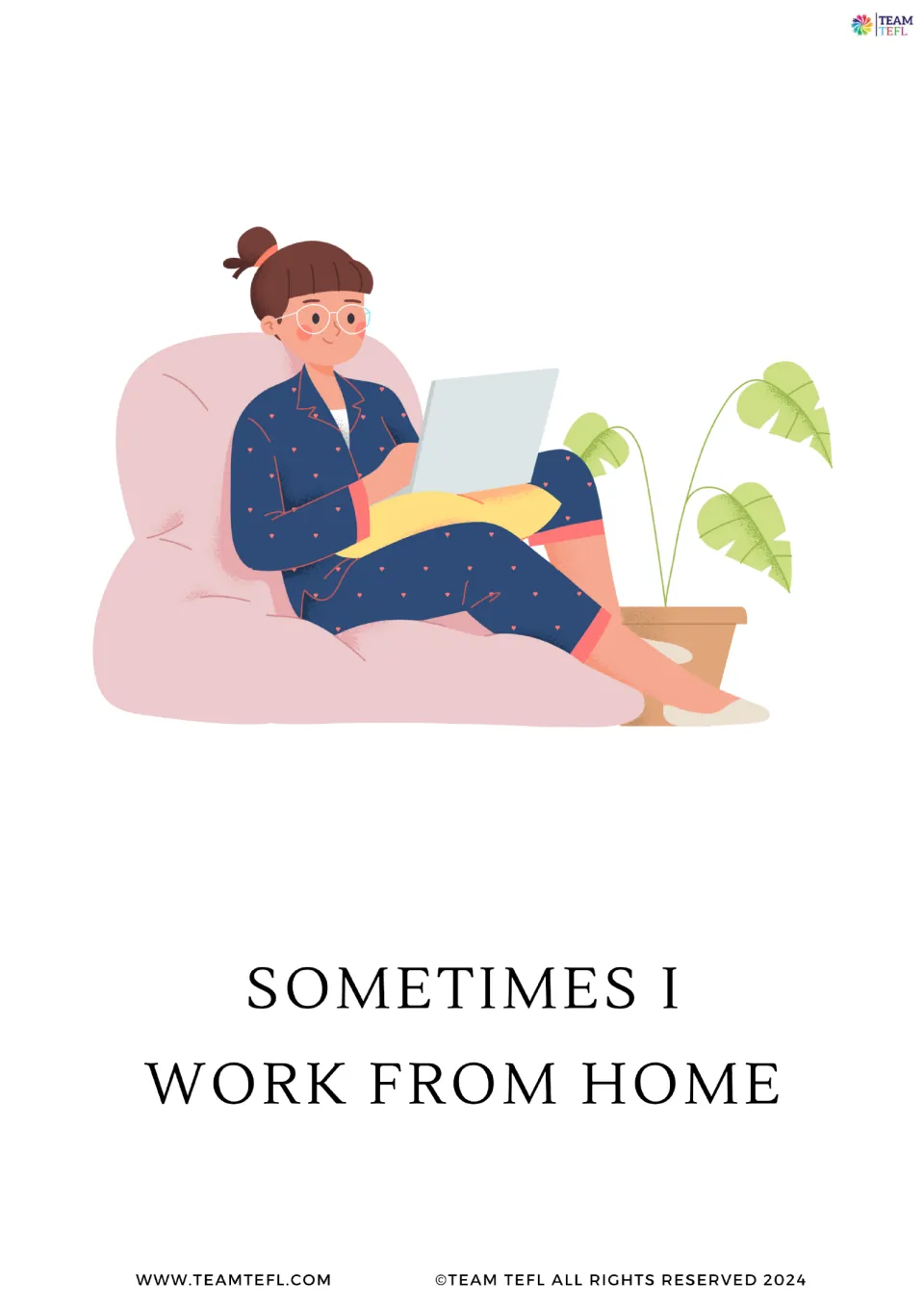 Enlarged frequency flashcard 4 shows a woman using a laptop and reads 'Sometimes I work from home.'