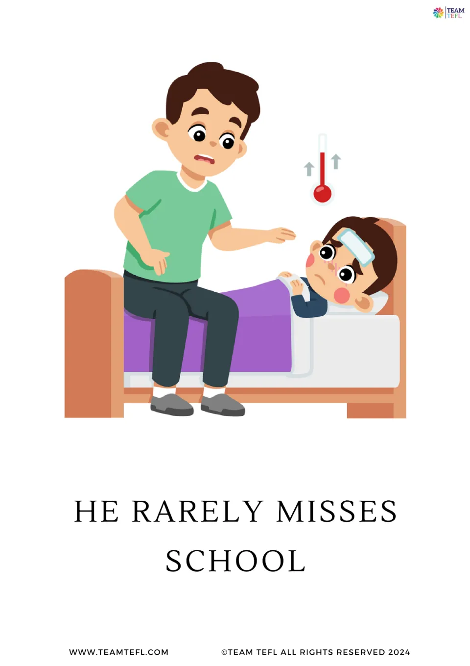 Enlarged frequency flashcard 5 shows a sick child in bed and the sentence 'He rarely misses school.'