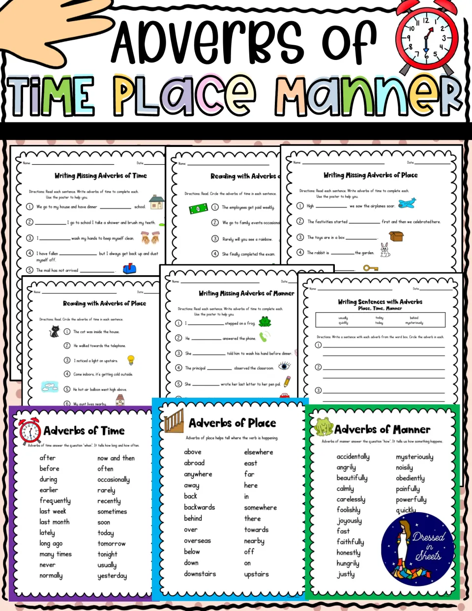 Cover previewing worksheets for writing, circling and sorting adverbs, plus color posters for time, place and manner