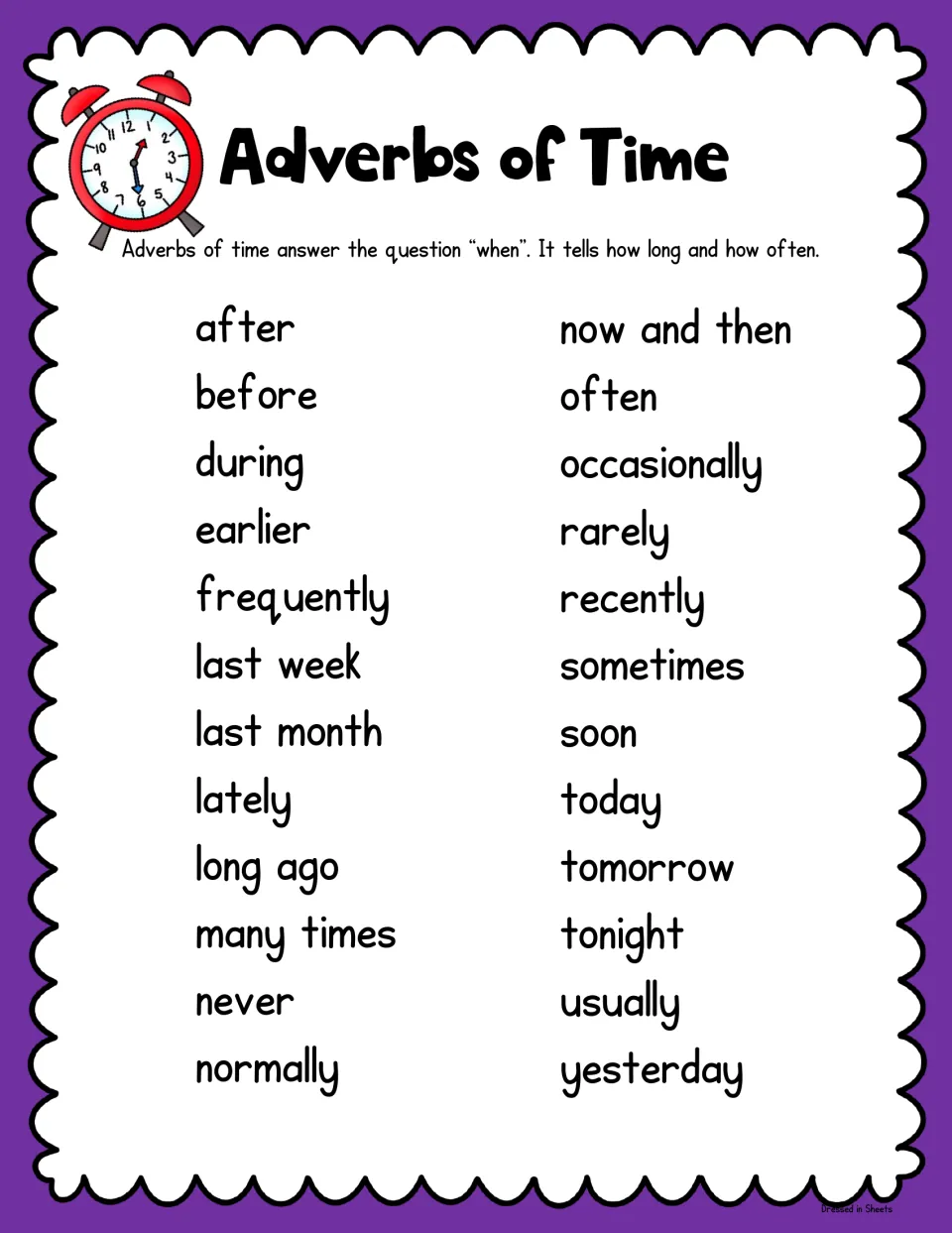 Adverbs of time color poster: 24 words that tell when or how often, such as after, lately, never, soon and yesterday