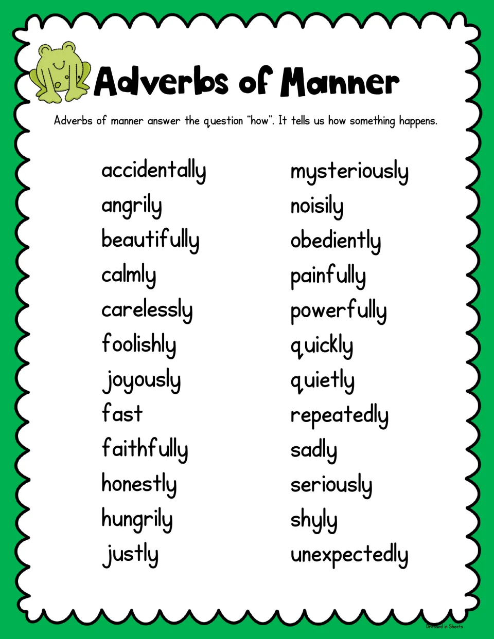 Adverbs of manner color poster: 24 words that tell how something happens, such as calmly, hungrily, quietly and shyly