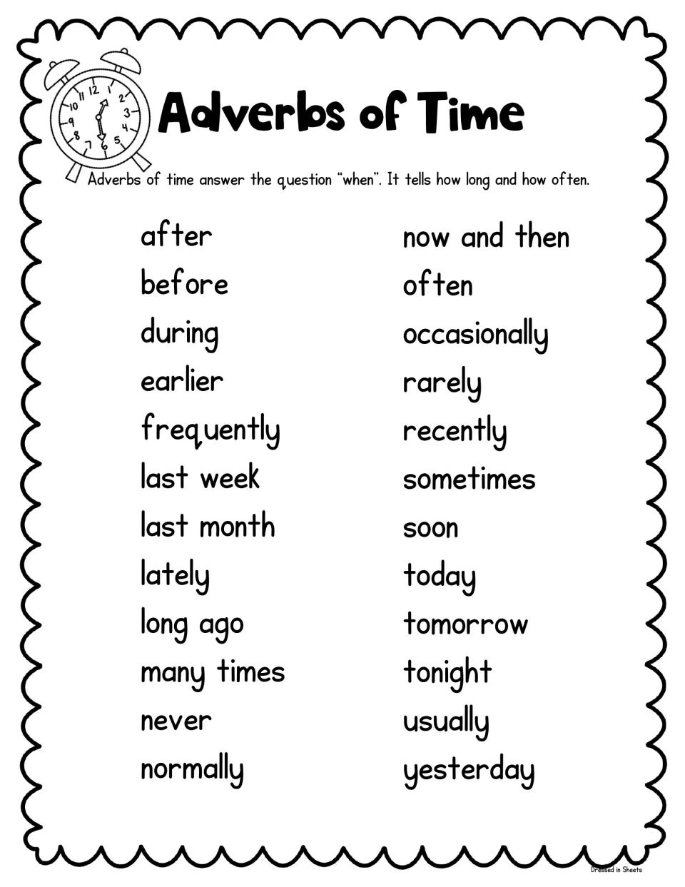 Printer-friendly time adverbs list in black and white: after, before, often, rarely, tomorrow, tonight, usually and more