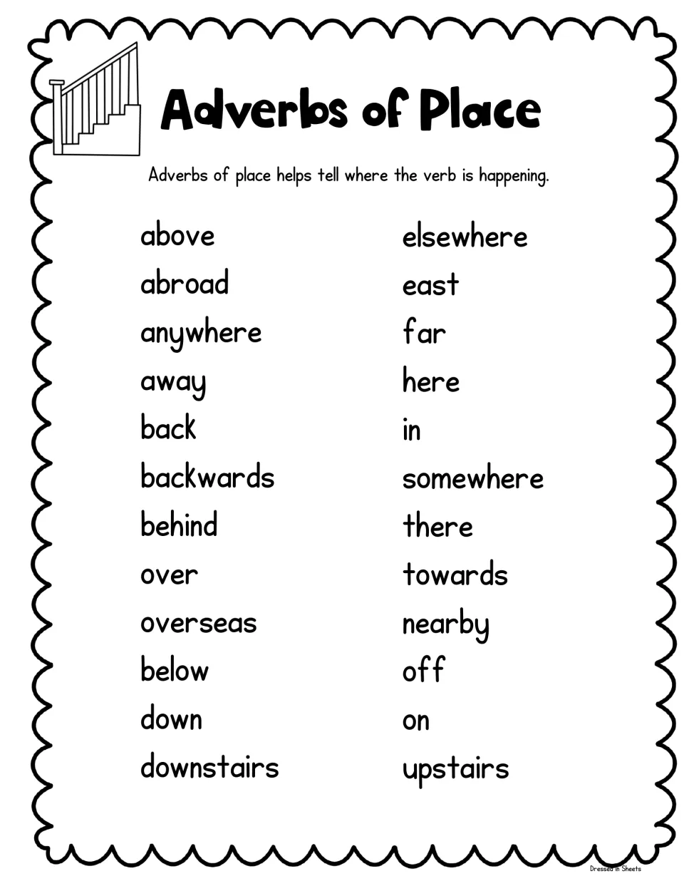 Black-and-white place adverbs list for printing: above, away, downstairs, elsewhere, far, here, overseas, towards and more