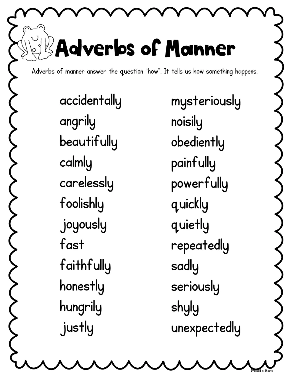Black-and-white manner adverbs list: accidentally, angrily, beautifully, foolishly, noisily, quickly, sadly and others