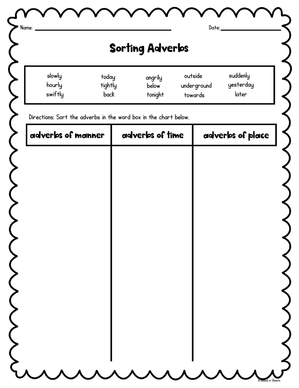 Sorting adverbs: students place 15 word-box words like slowly, hourly and underground under manner, time or place