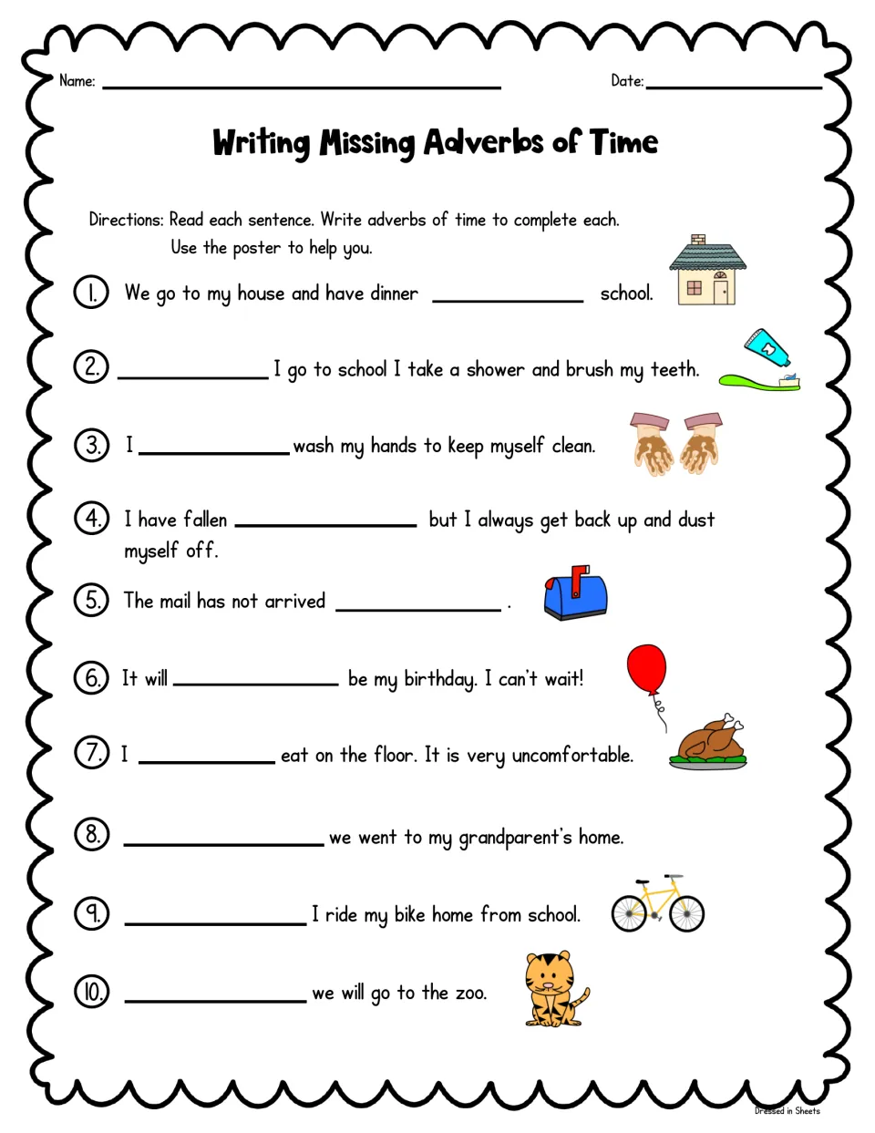 Writing missing time adverbs: students fill a blank in each of 10 daily-life sentences, using the poster as a guide