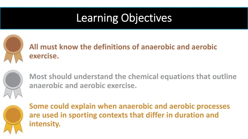 Learning objectives slide covering exercise definitions, chemical equations, and sporting applications