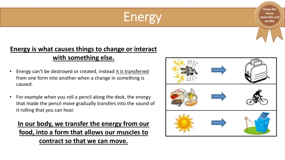 Energy lesson slide explaining energy transfer, a rolling pencil example, and food fueling muscle contraction