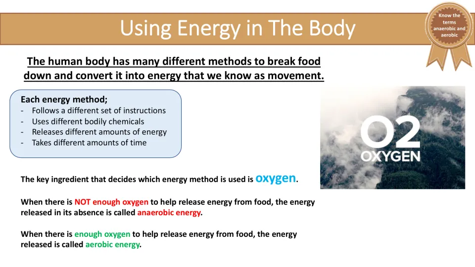 Using Energy in The Body slide explaining how oxygen availability distinguishes anaerobic and aerobic energy