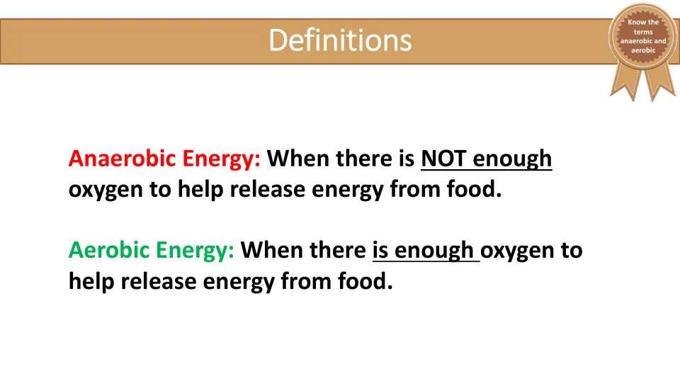 Definitions slide contrasting anaerobic energy without enough oxygen and aerobic energy with enough oxygen