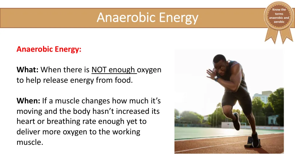 Anaerobic Energy slide defining the process and explaining its use before oxygen delivery meets muscle demand