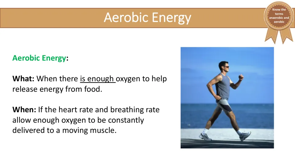 Aerobic Energy slide defining the process and explaining its use when oxygen reaches working muscles steadily