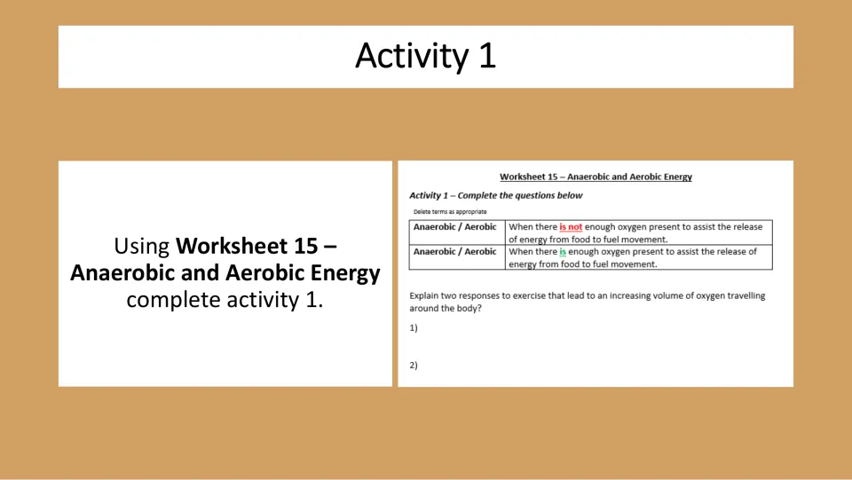 Activity 1 slide directing students to Worksheet 15 to identify energy types and explain two exercise responses