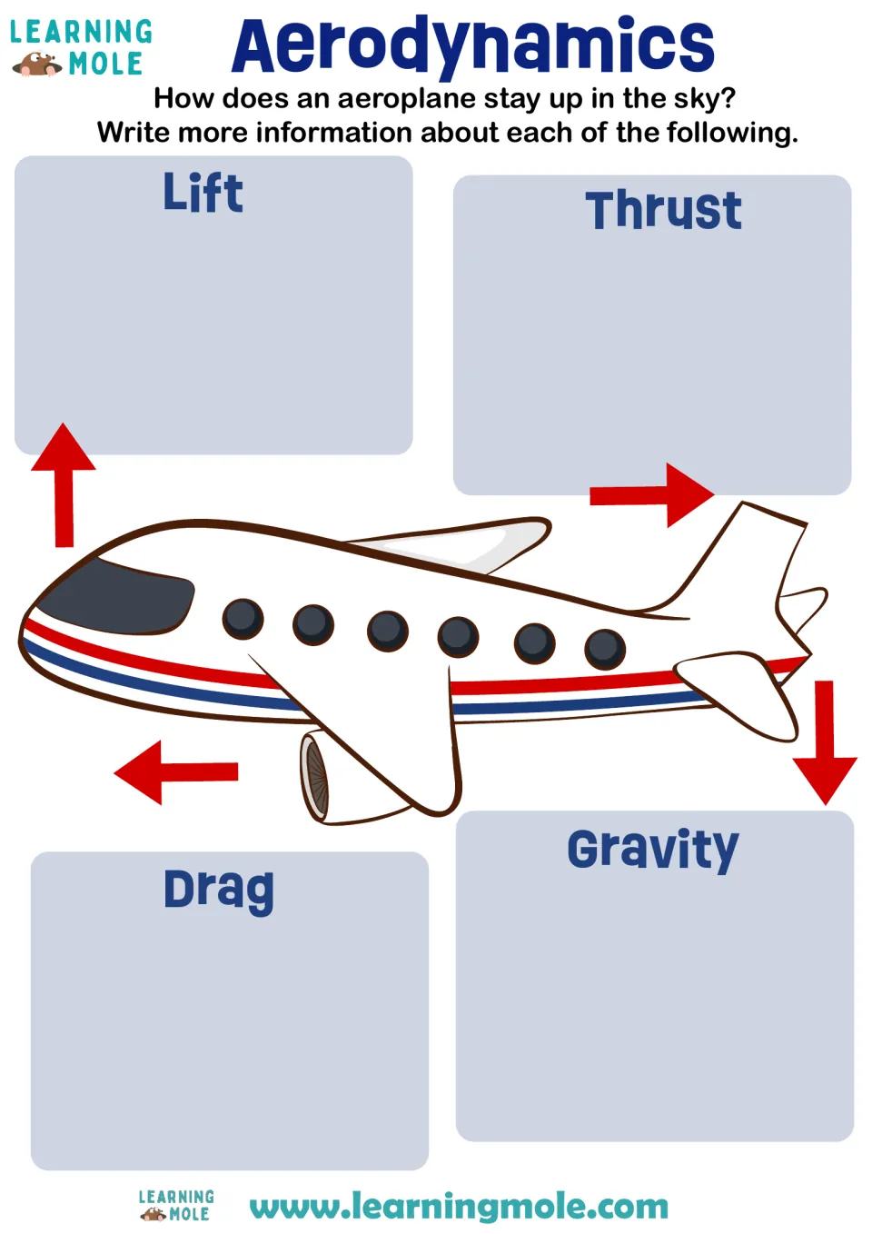 Forces of flight: students explain lift, thrust, drag and gravity around a plane diagram with red force arrows
