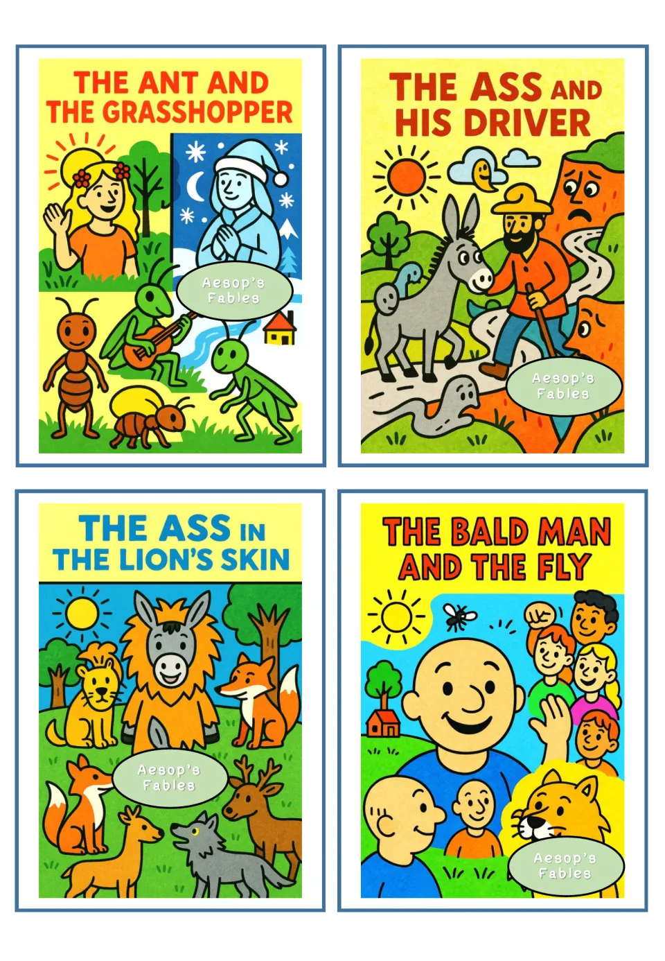 Fable cards: The Ant and the Grasshopper, The Ass and His Driver, The Ass in the Lion's Skin, The Bald Man and the Fly