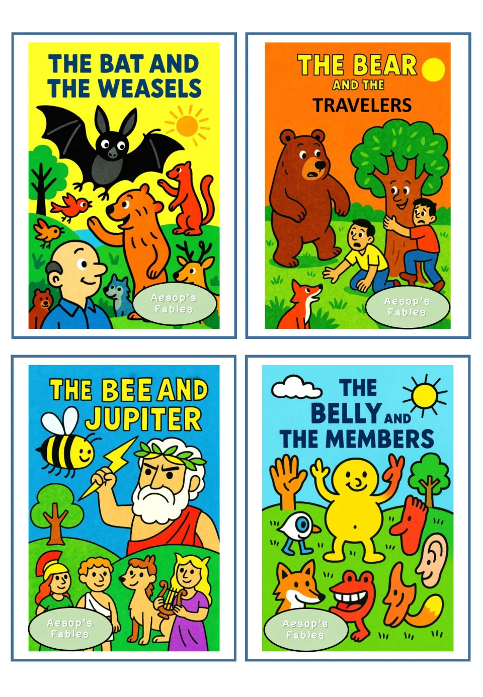 Fable cards for The Bat and the Weasels, The Bear and the Travelers, The Bee and Jupiter, The Belly and the Members