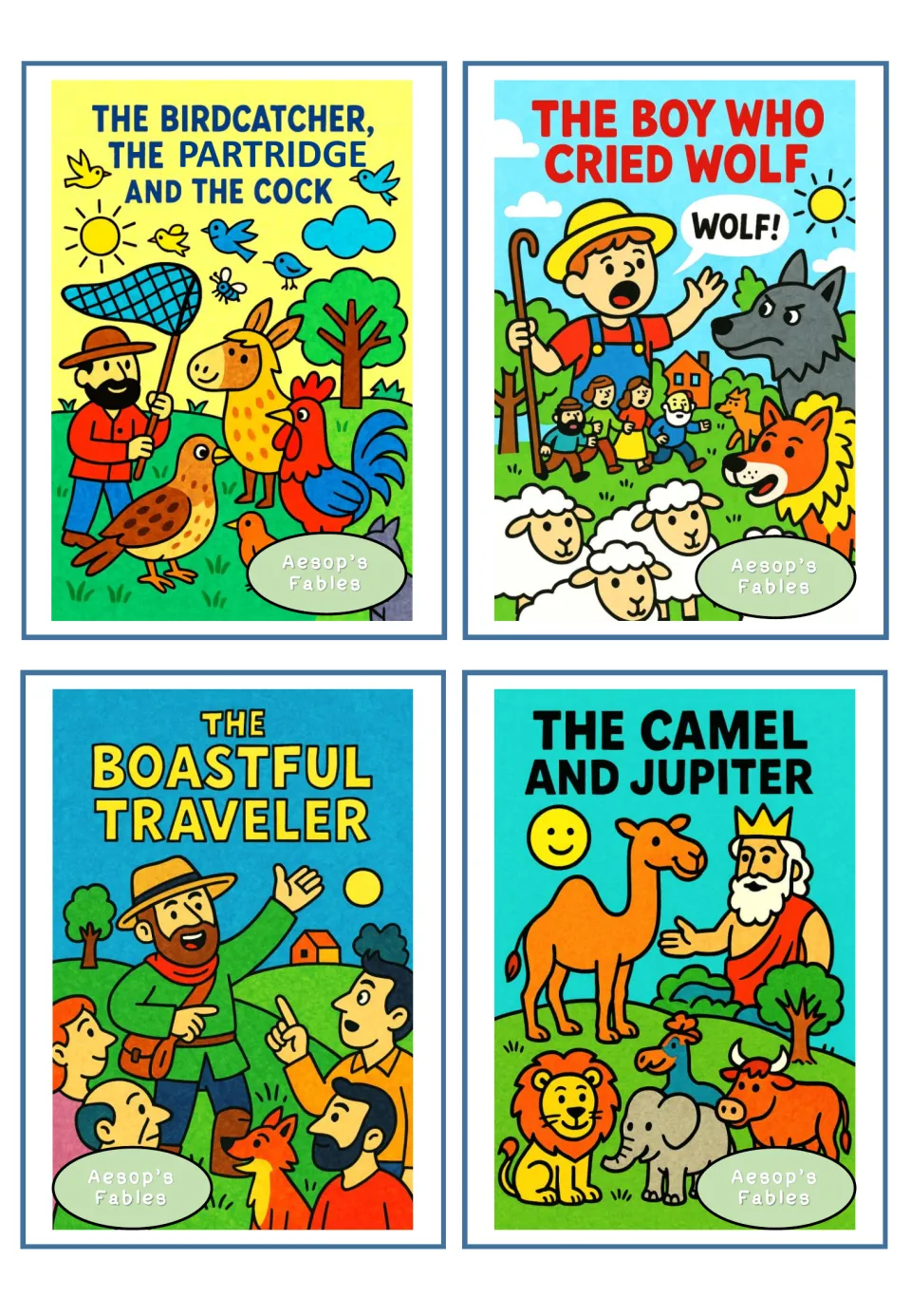 Fable cards: Birdcatcher, the Partridge and the Cock; Boy Who Cried Wolf; Boastful Traveler; Camel and Jupiter