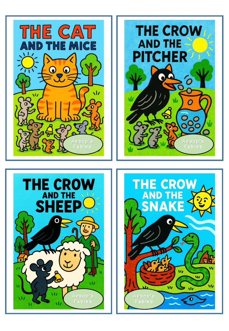 Crow and cat cards: The Cat and the Mice, The Crow and the Pitcher, The Crow and the Sheep, The Crow and the Snake