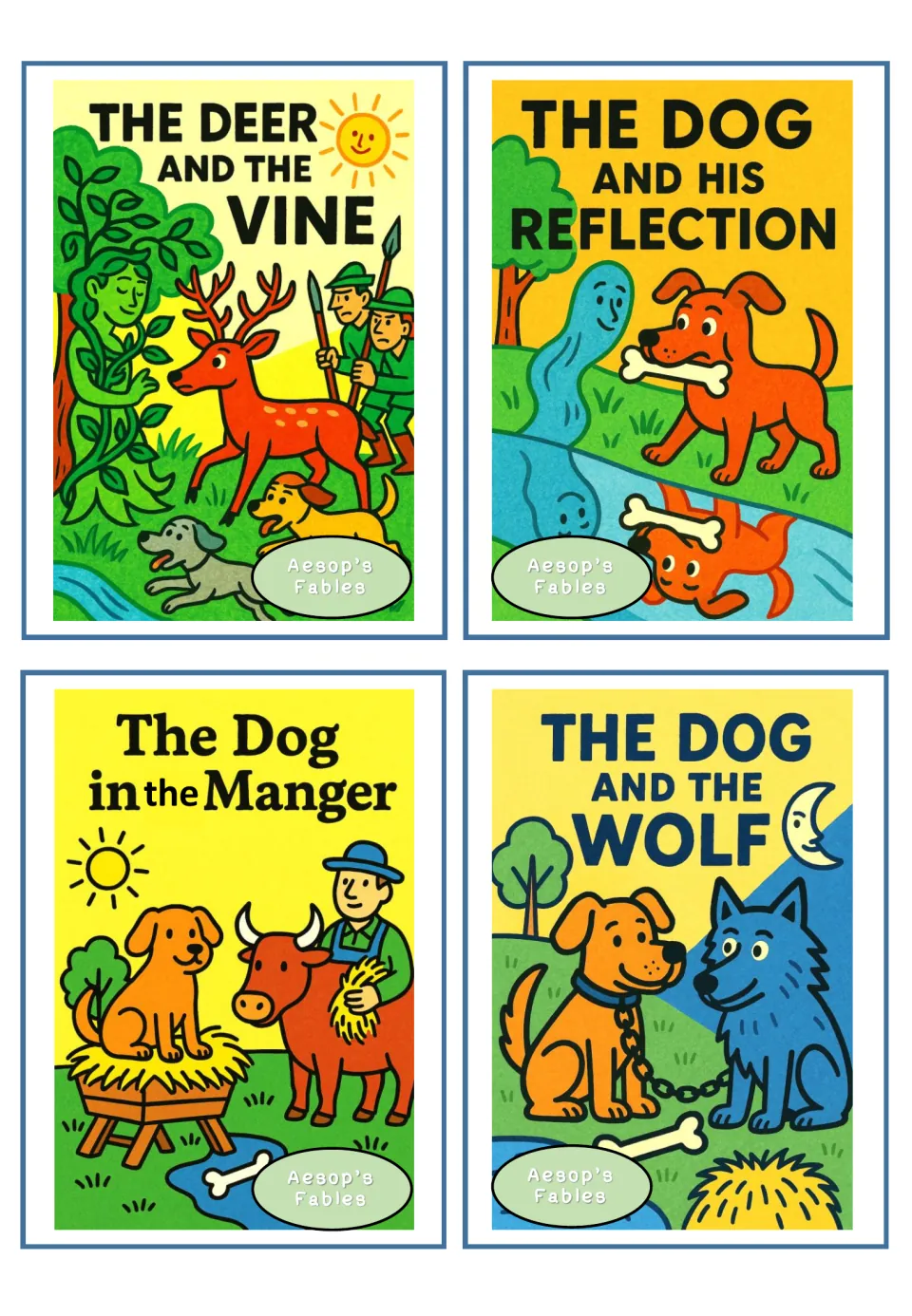 Deer and dog covers: The Deer and the Vine, The Dog and His Reflection, The Dog in the Manger, The Dog and the Wolf