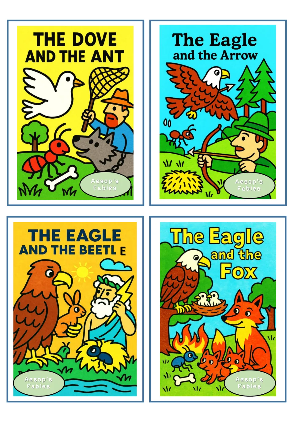 Dove and eagle covers: The Dove and the Ant, The Eagle and the Arrow, The Eagle and the Beetle, The Eagle and the Fox