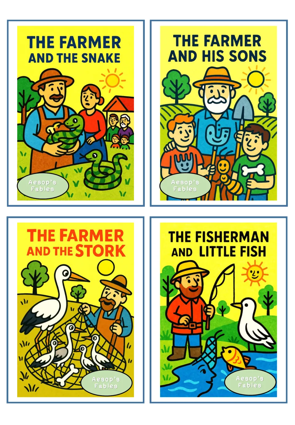Story cards: The Farmer and the Snake, Farmer and His Sons, Farmer and the Stork, Fisherman and Little Fish