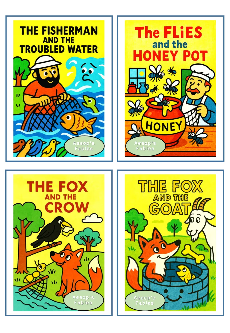 Fable covers: Fisherman and the Troubled Water, Flies and the Honey Pot, The Fox and the Crow, The Fox and the Goat