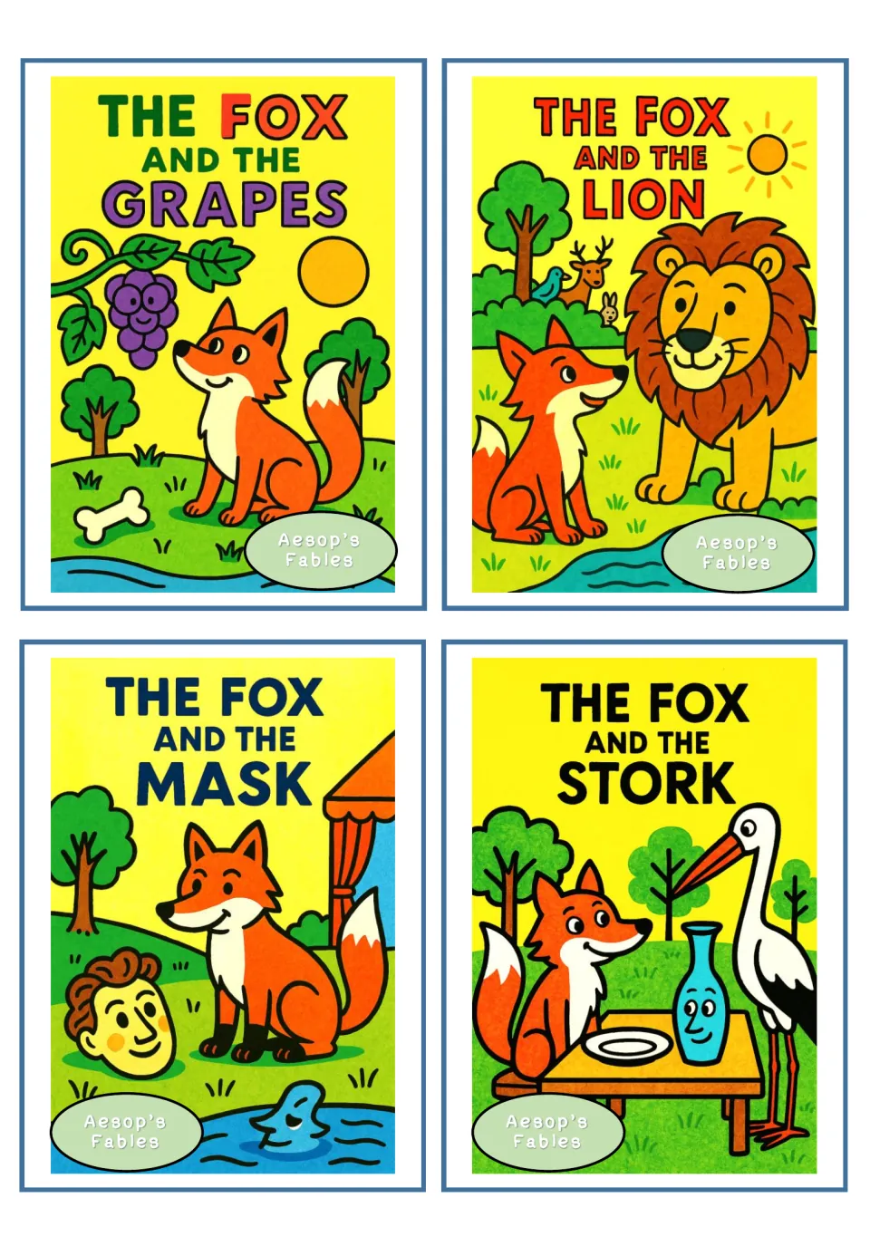 Fox fable cards: The Fox and the Grapes, The Fox and the Lion, The Fox and the Mask, The Fox and the Stork