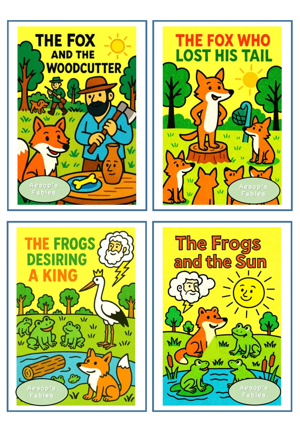 Fox and frog covers: The Fox and the Woodcutter, The Fox Who Lost His Tail, The Frogs Desiring a King, Frogs and the Sun