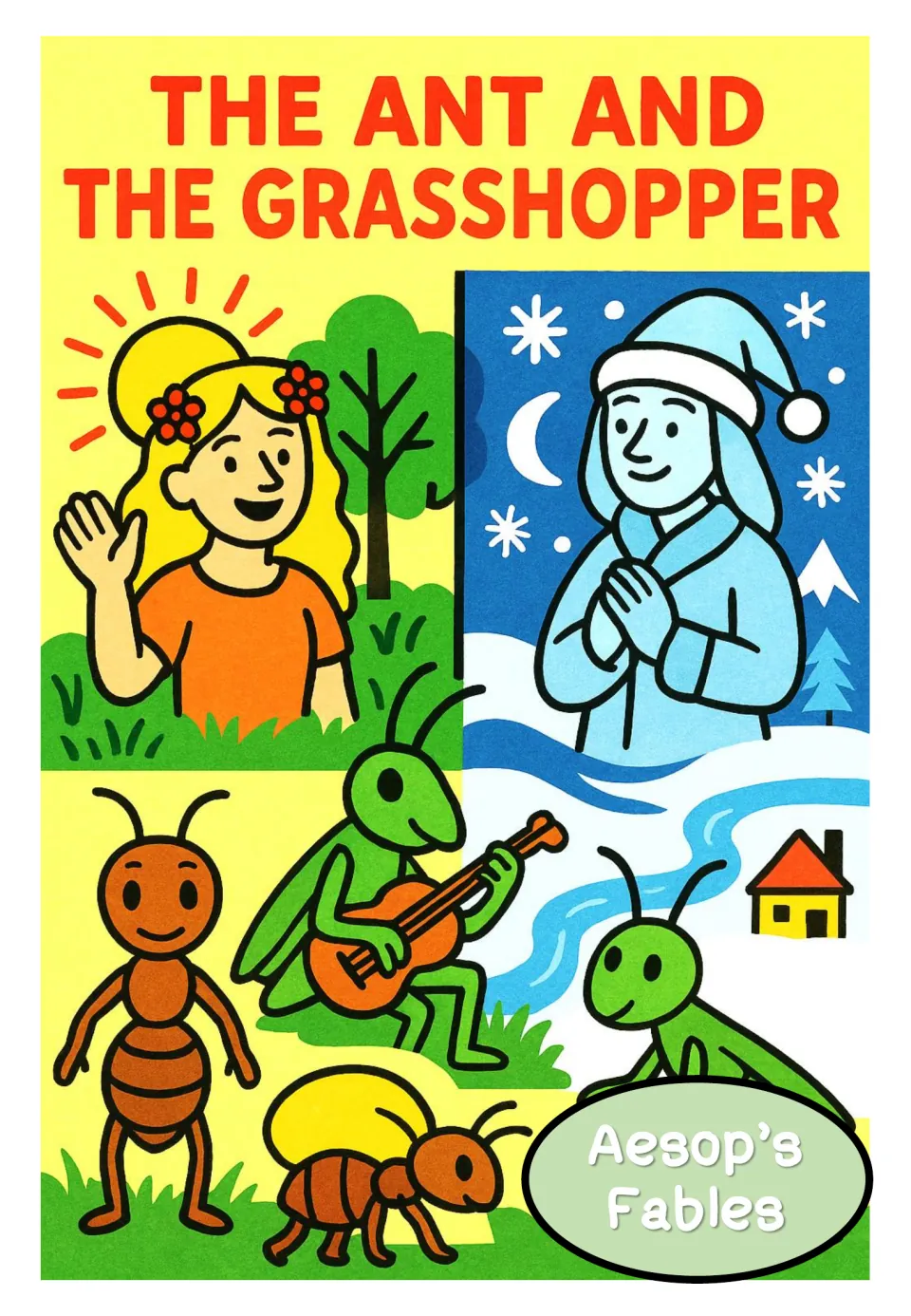 Fable poster titled 'The Ant and the Grasshopper,' showing ants, a grasshopper playing music, and winter.