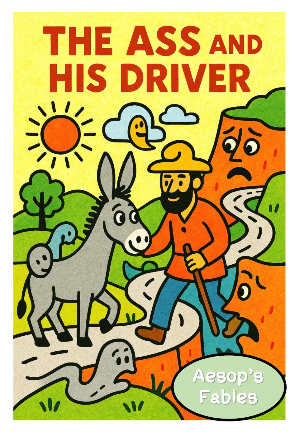 Fable poster titled 'The Ass and His Driver,' showing a donkey beside a man holding a walking stick.
