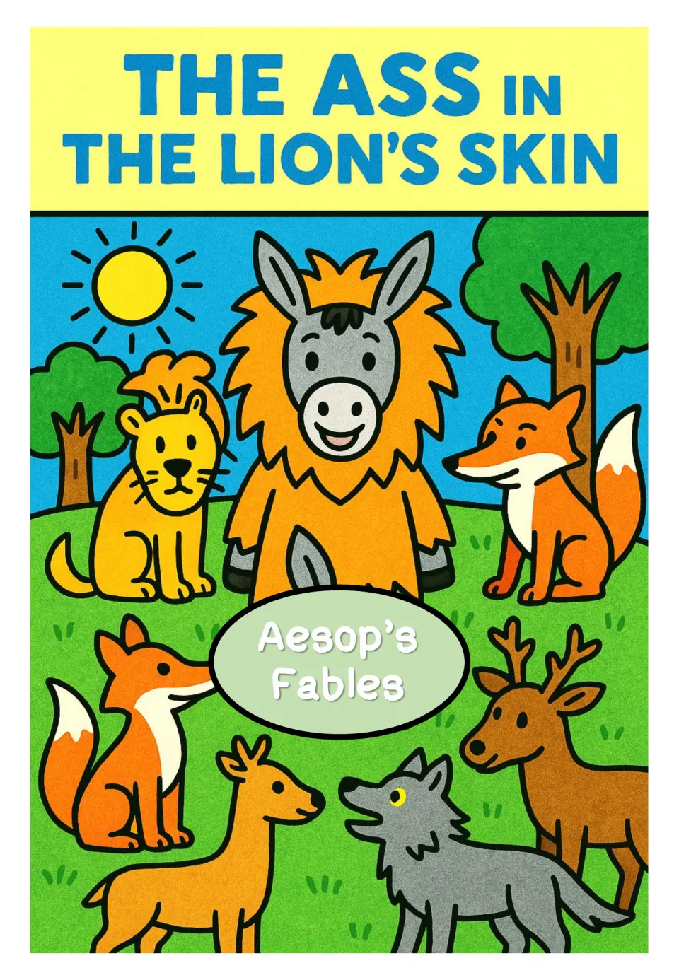 Fable poster titled 'The Ass in the Lion’s Skin,' showing a donkey wearing a lion disguise among animals.