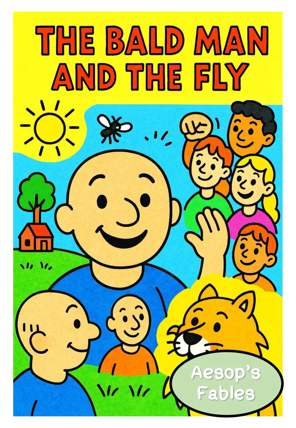 Fable poster titled 'The Bald Man and the Fly,' showing a smiling bald man beneath a flying insect.