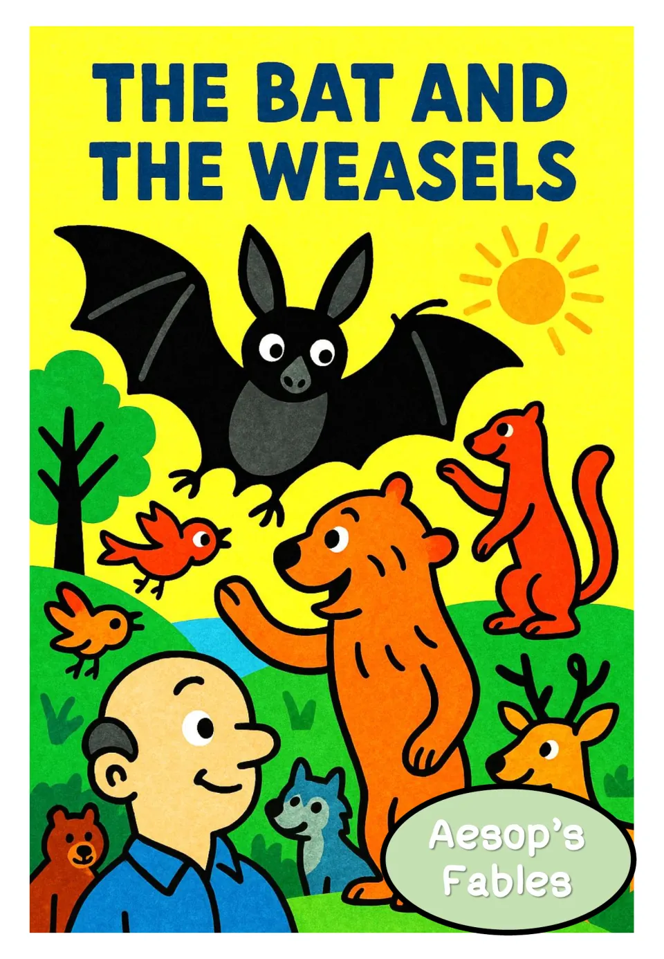 Fable poster titled 'The Bat and the Weasels,' showing a bat with spread wings above a group of animals.