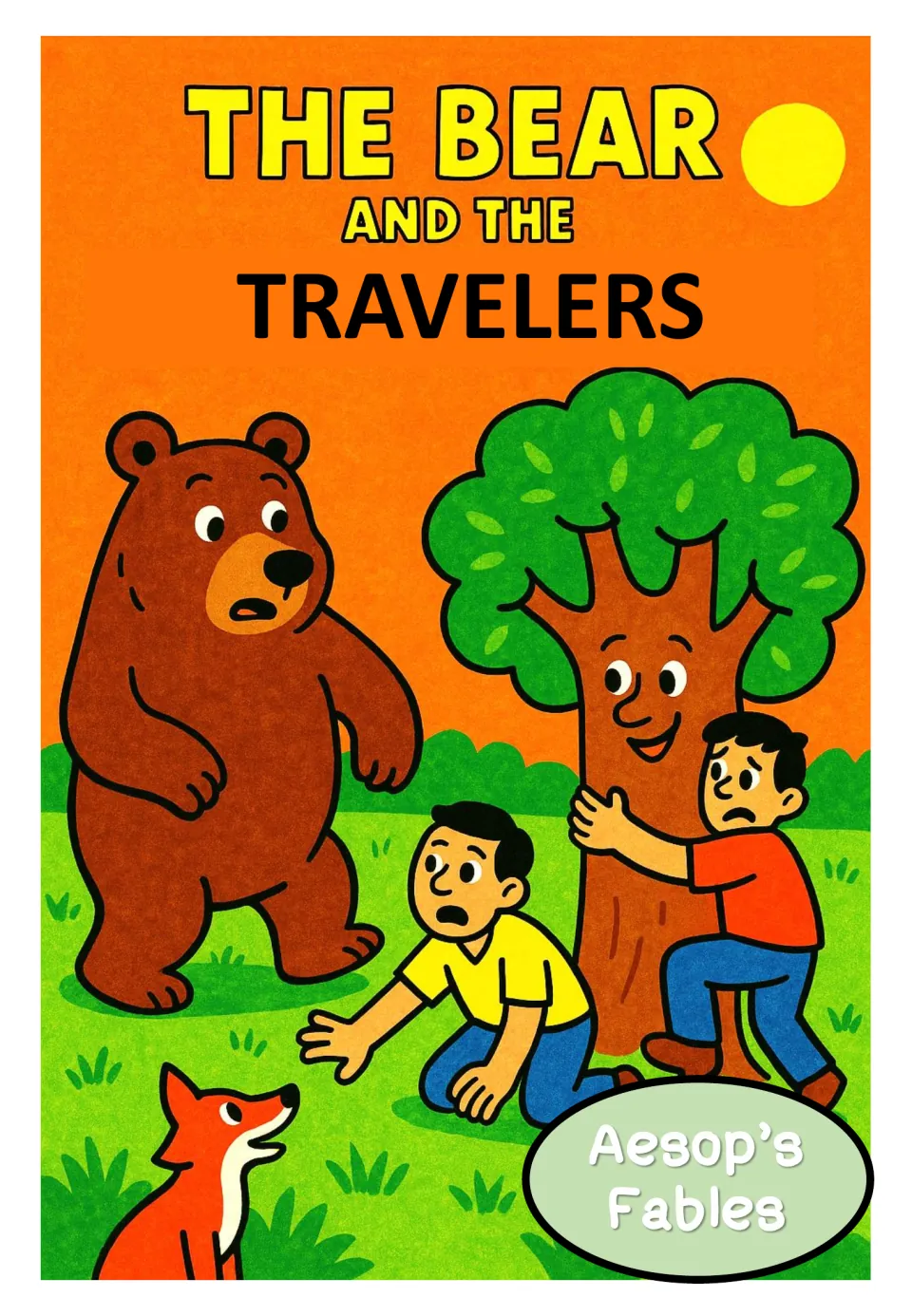 Fable poster titled 'The Bear and the Travelers,' showing a bear near two people, one clinging to a tree.