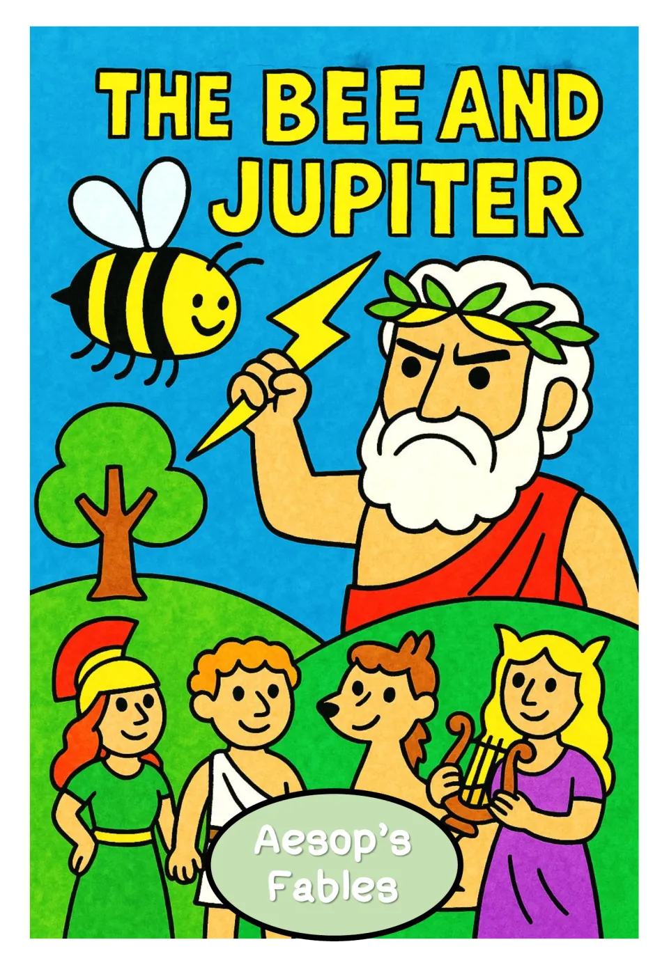 Fable poster titled 'The Bee and Jupiter,' showing a bee beside Jupiter holding a yellow lightning bolt.