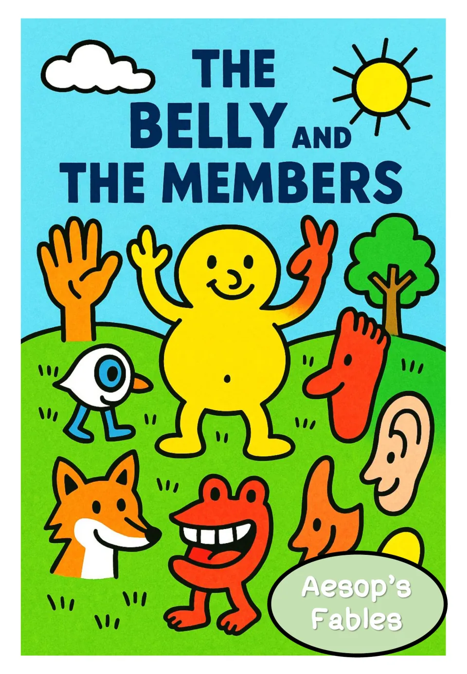 Fable poster titled 'The Belly and the Members,' showing a belly character surrounded by body parts.