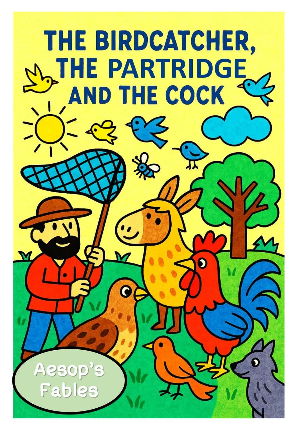 Fable poster titled 'The Birdcatcher, the Partridge and the Cock,' showing a man holding a net beside birds.