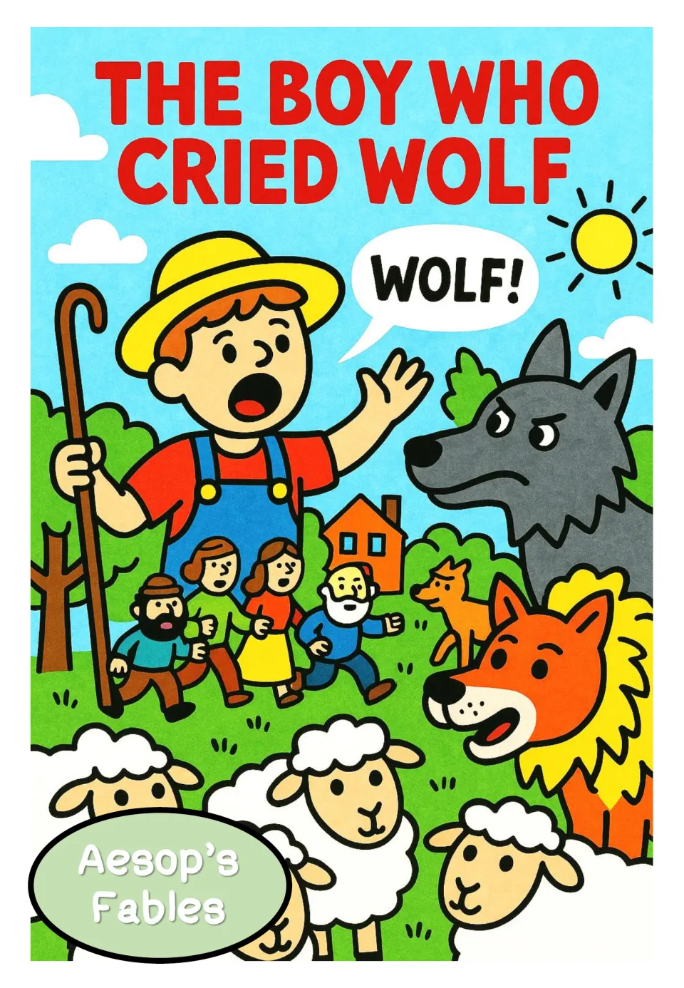 Fable poster titled 'The Boy Who Cried Wolf,' showing a boy calling 'WOLF!' beside a wolf and sheep.