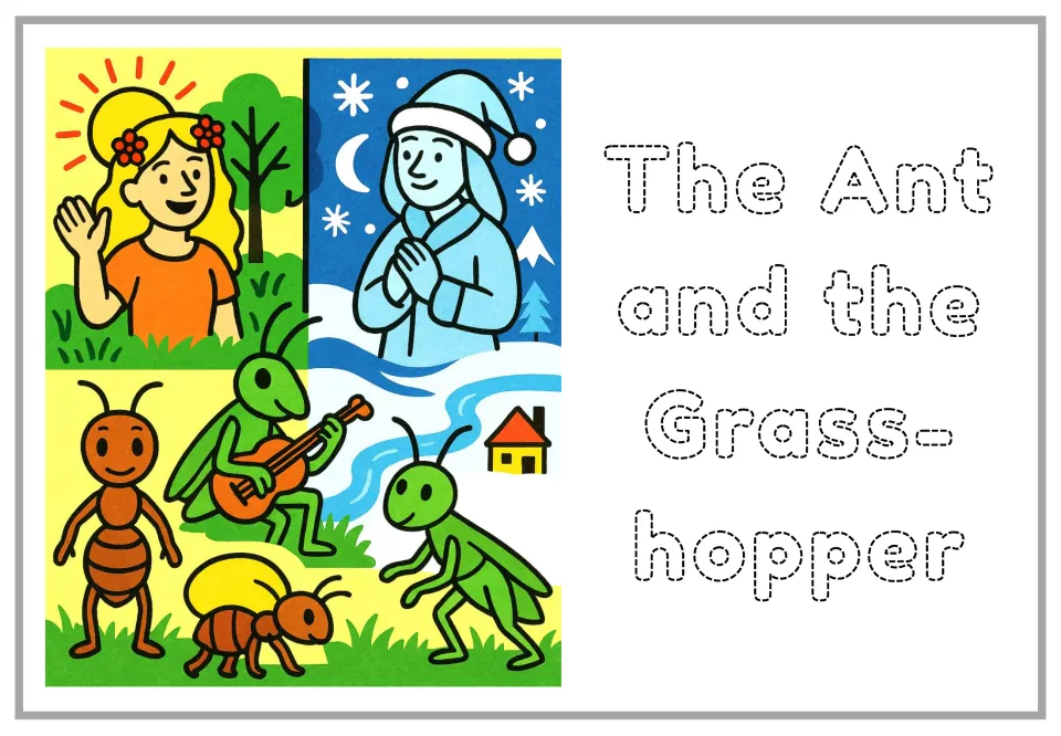 The Ant and the Grasshopper cover: dotted title beside scenes of a summer girl, winter figure, ant and grasshopper