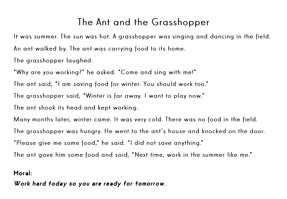 Simplified fable script in plain print: grasshopper plays while the ant saves food for winter, ending with the moral line