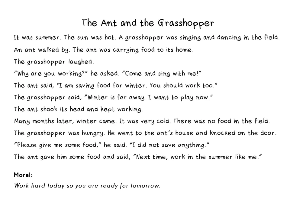 Same simplified ant and grasshopper script set in a handwriting-style font, closing with the moral about working today