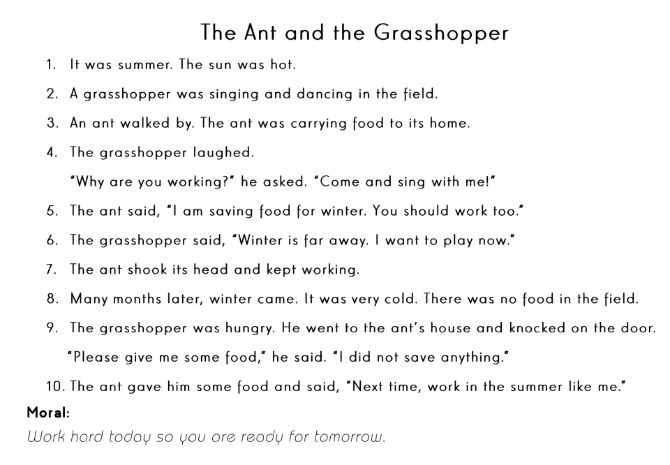Numbered script lines 1 to 10 retelling the ant and grasshopper story so readers can take turns line by line, plus moral