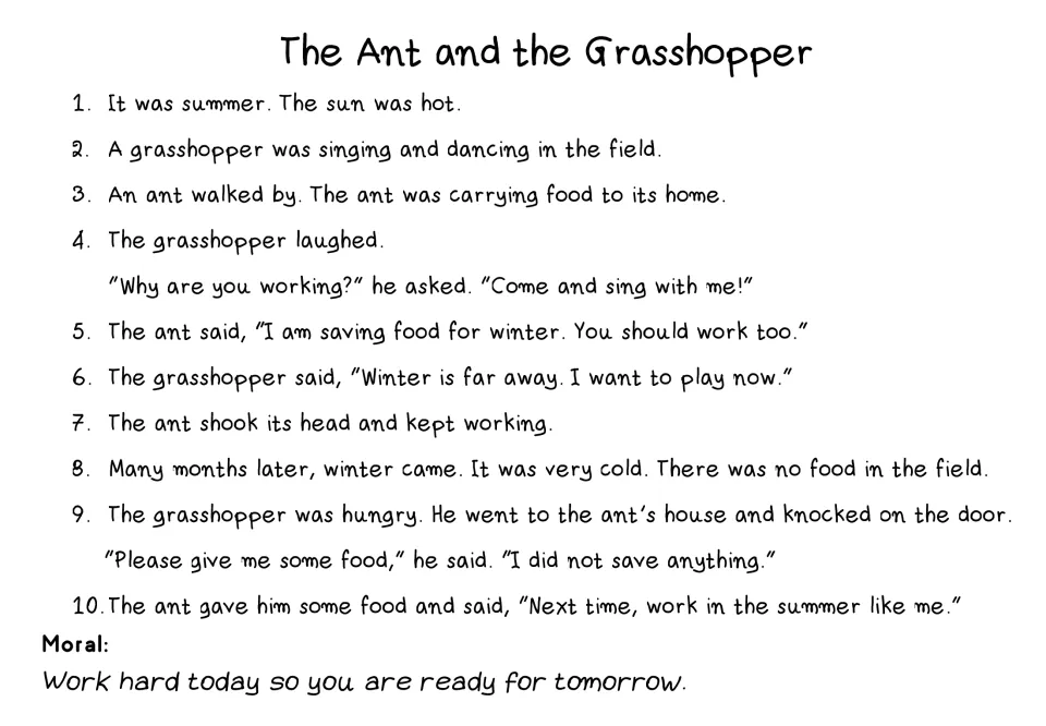Handwriting-font version of the 10 numbered ant and grasshopper lines, ending with the work-hard moral