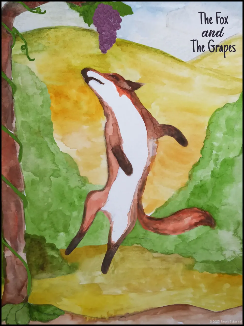 Story illustration in watercolor: the fox leaping toward a cluster of purple grapes hanging from a vine-wrapped tree
