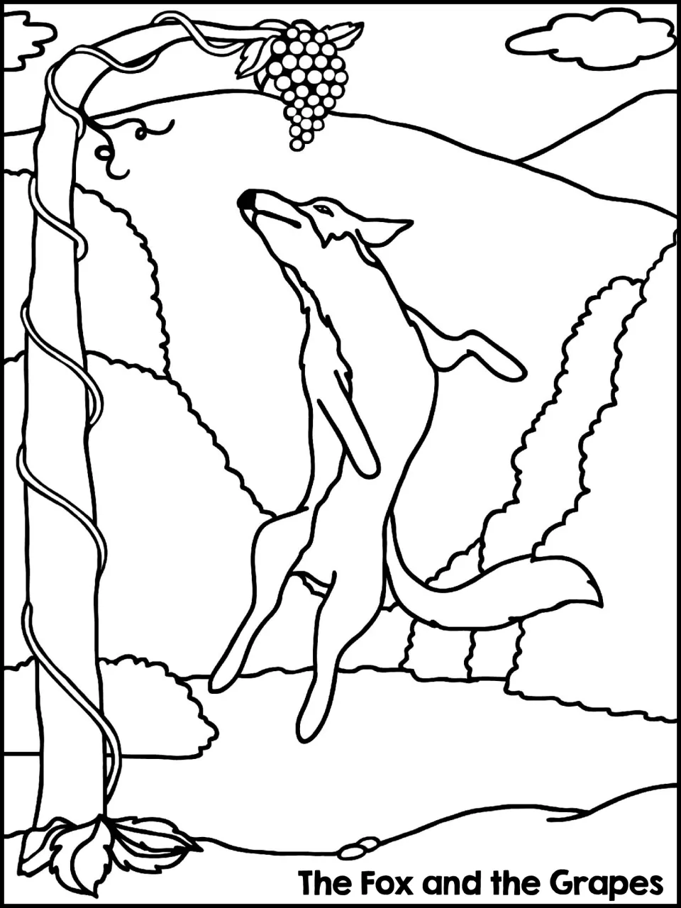 Coloring page: line drawing of the fox jumping up at grapes dangling from a vine-wrapped tree, with hills and bushes