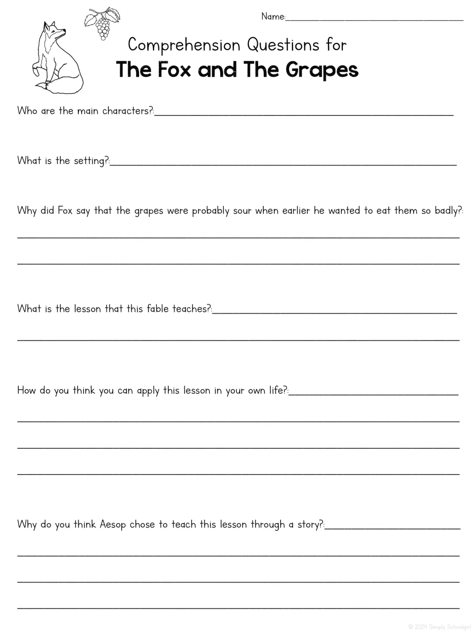 Comprehension questions: students name characters and setting, explain why Fox called the grapes sour and state the lesson