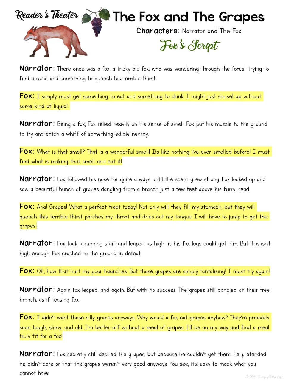 Reader's theater: students perform Narrator and Fox roles, Fox's lines highlighted, retelling his failed jumps