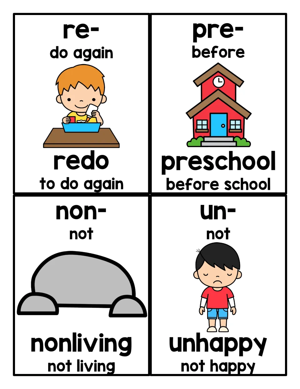 Prefix reference cards 5–8: redo, preschool, nonliving, and unhappy, with prefix meanings and word definitions
